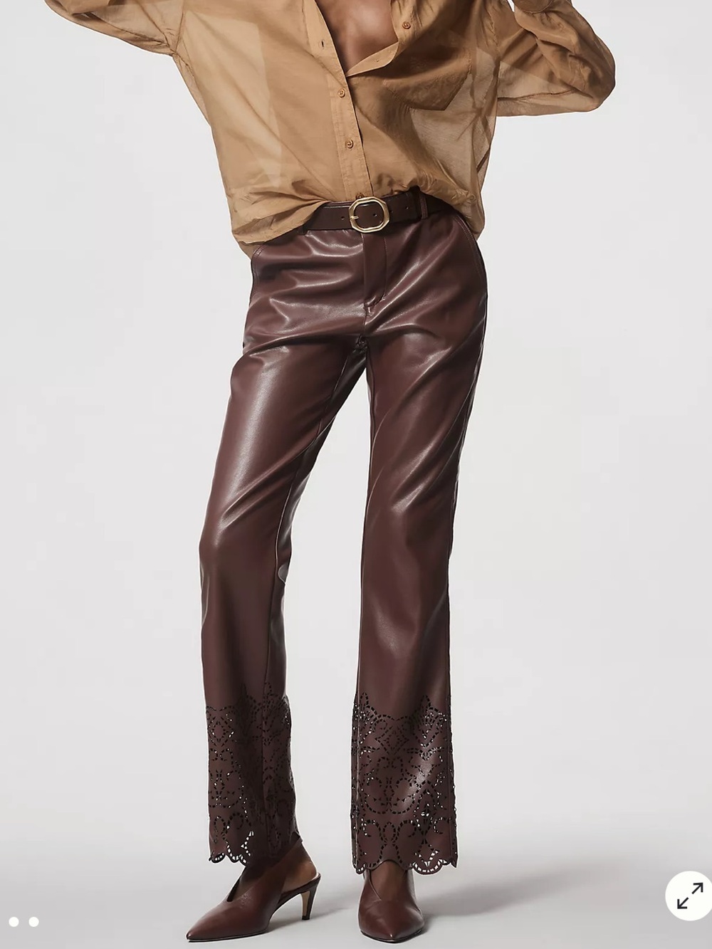 Anthropologie Faux Leather Chocolate Brown Laser-Cut Flare Pants